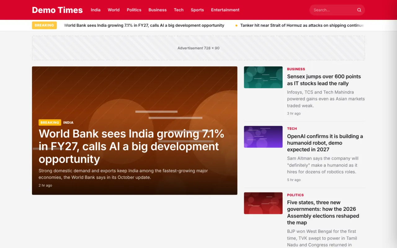 Demo news website homepage